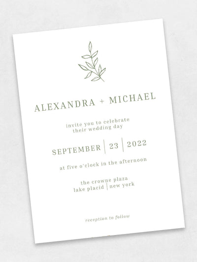 simple leaves wedding invite with green text color
