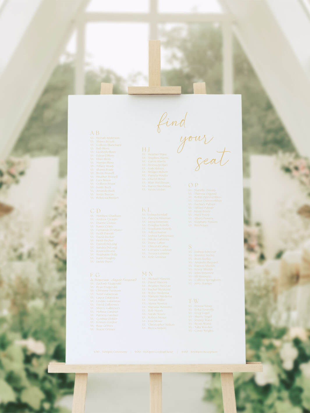 find your seat stacked seating chart with gold colored text