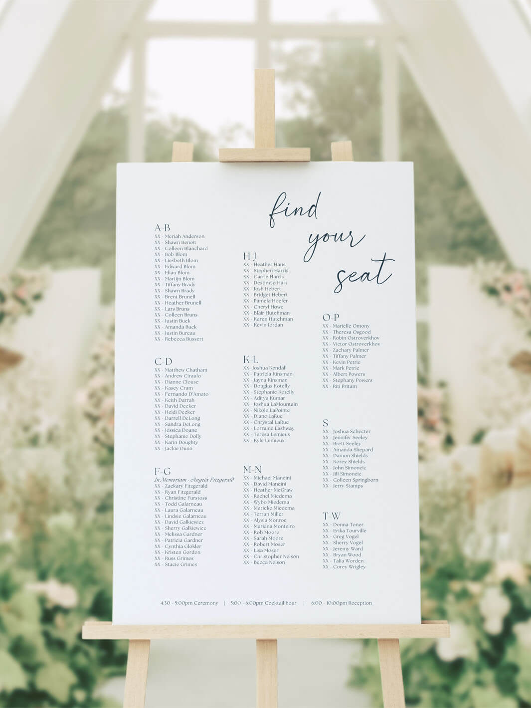 find your seat stacked seating chart with navy colored text