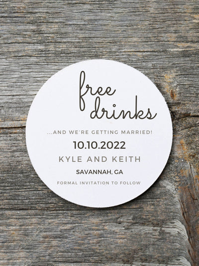 free drinks save the date coaster