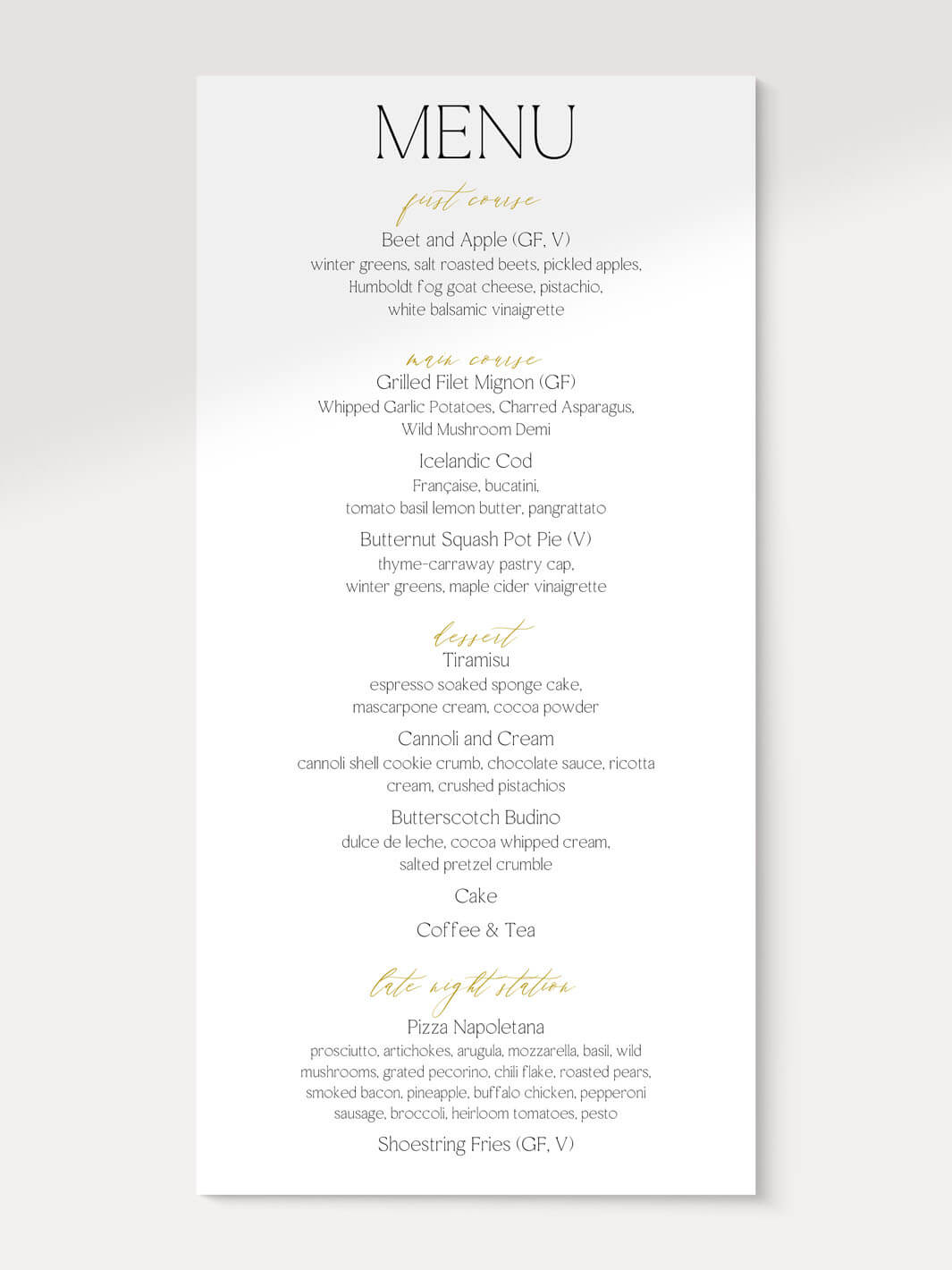 navy plus gold wedding menu
