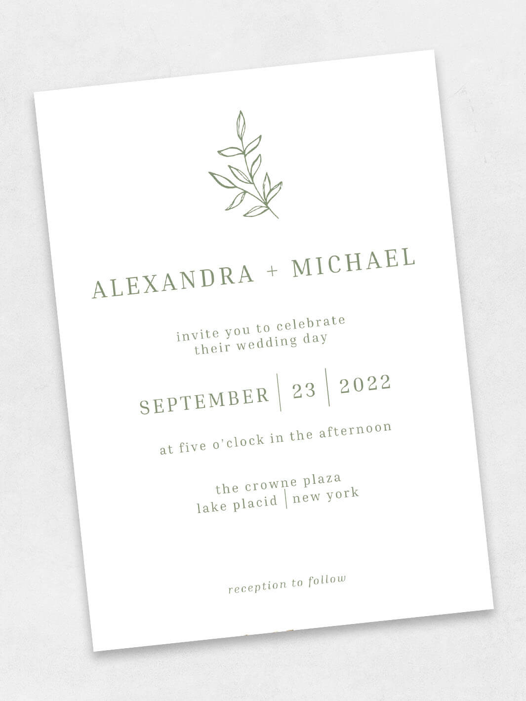 simple leaves wedding invite with green text color