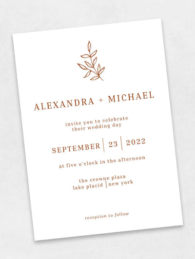 simple leaves wedding invite with orange text color