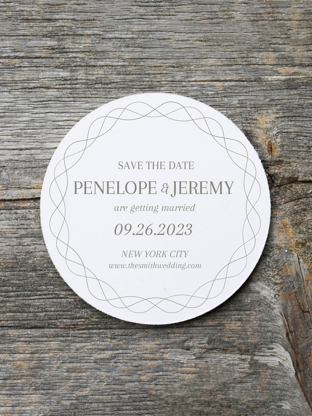 smitten save the date coaster